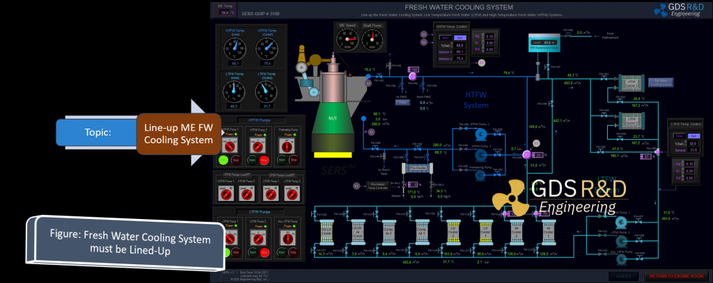 Line Up - ME Fresh Water Cooling System IMO STCW 2010 Training, IMO Model Course 2.07. Prevent Maritime Accidents. Training is Important. Marine Engineering Training Products, Ship Engine Room Simulator, Ship ERS or simply the SERS, provided by GDS Engineering R&D.