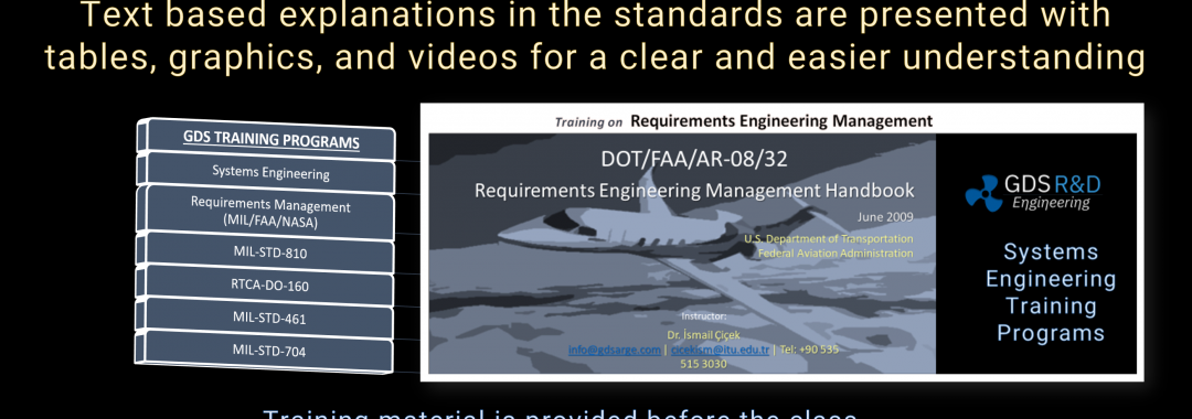 GDS Systems Engineering Training Programs. Online Training. Training helps reduce your design and operational risks. We provide MIL-STD-810H, RTCA-DO-160, Vibration and Shock, FAA Requirements Management courses. by Dr Ismail Cicek and a CVE certified by EASA. Tailoring of the MIL-STD-810H test methods and procedures. EUT. Equipment Under Test. Online Classes. US based intructor. US DOD. EASA. FAA. NASA. Miliary Stanrdards. Askeri Test Standartları. Çevresel Test Standart Eğitimi. Eğitim. Acceleration Testing. Aircraft Systems. RTCA-DO-160. Crash Hazard. Korozyon Testleri. Corrosion Tests. Environmental Testing of Products, provided by GDS Engineering R&D, Systems Engineering Products and Solutions. Dr. Ismail Cicek. Product Verification and Validation Courses for Integrated Systems. C-17 Military Aicraft. FAA/EASA. US DoD. Safety First. US Army. US Air Force and US Navy Tailoring Examples for Mission and Environmental Profile. Setting Test Limits and Durations are Explained. How to evaluate test results and mitigate the risk (Risk Assessment Matrix). Aircafft Equipment, Devices, Plugs, Machinary, Engines, Compressors, or Carry-on. European CE Time Schedule. DOT/FAA/AR-08/32. Requirements Engineering Management Handbook. U.S. Department of Transportation Federal Aviation Administration.