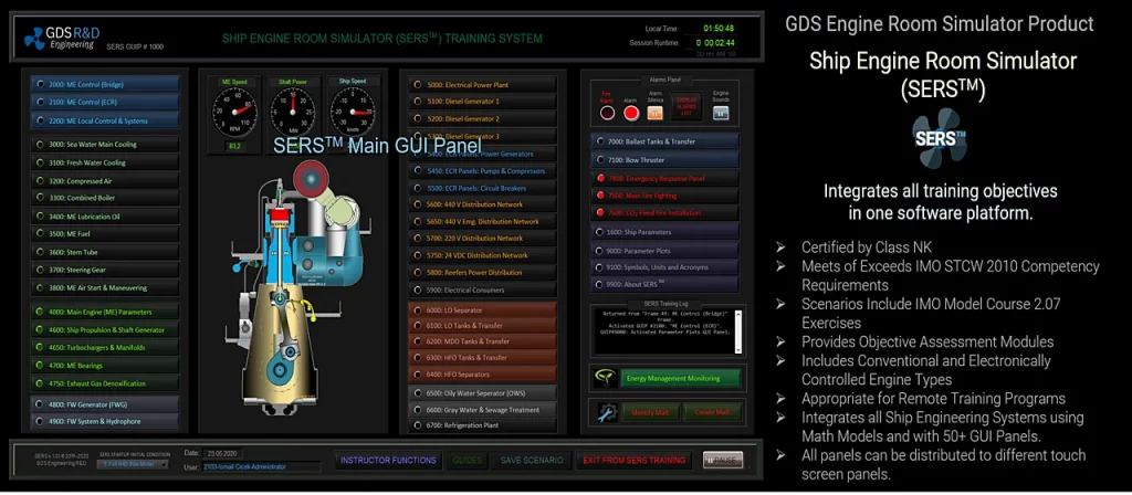 Ship Engine Room Simulator (ERS) SERS GDS Engineering R&D IMO STCW 2010, Engine Performance, Main Diesel Engine, Marine, Maritime, IMO Model Course 2.07. Certified by ClassNK. ITU Maritime Faculty. Yıldız Technical University. Competencies. Operation and Management Level. Education and Training. Assessment of Marine Engineers. Troubleshooting with Fault Tree Scnearious and Analysis Reporting. Objective Assessment. Nippon Kaiji Kyokai.High Voltage Training Functions 6600 VAC. Ship Propulsion Systems. Maritime Education and Training. Main Engine Performance. Sunken Diagrams. Energy Efficiency. Marine Engineering. Effect of Draft Change in the Ship Main Engine Performance Parameters. Management Level Training Exercices, Marine Engineering Education and Training. SERS Trademark