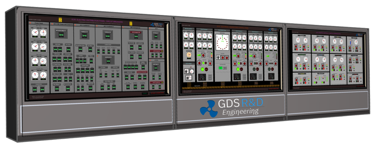 GDS Ship Engine Room Simulator Electrical Panels in ECR Circuit Breakers Generator Controls and Pumps Compressors for Training